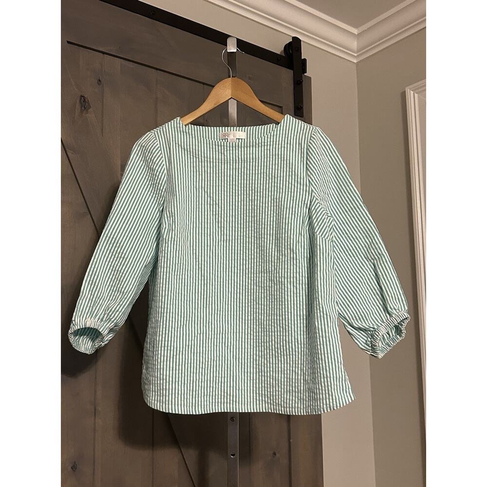 Renuar Women's S Seersucker Striped Round Neck Puff Sleeve Money Coastal Top
